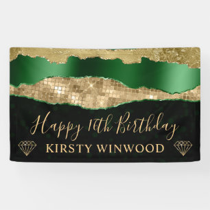 Green and Gold Glitter Glam Edge Sweet Sixteen Banner