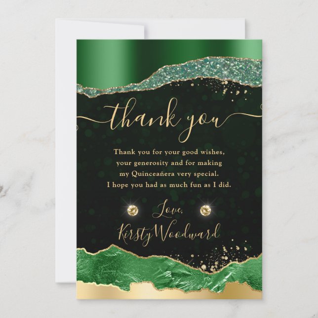 Green and Gold Glitter Glam Tears Quinceanera Thank You Card (Front)