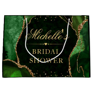 Green and Gold Glitter Marble Agate Bridal Shower Large Gift Bag