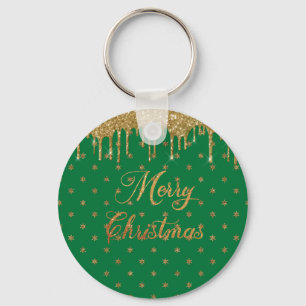 Green and gold glitter - merry christmas keychain