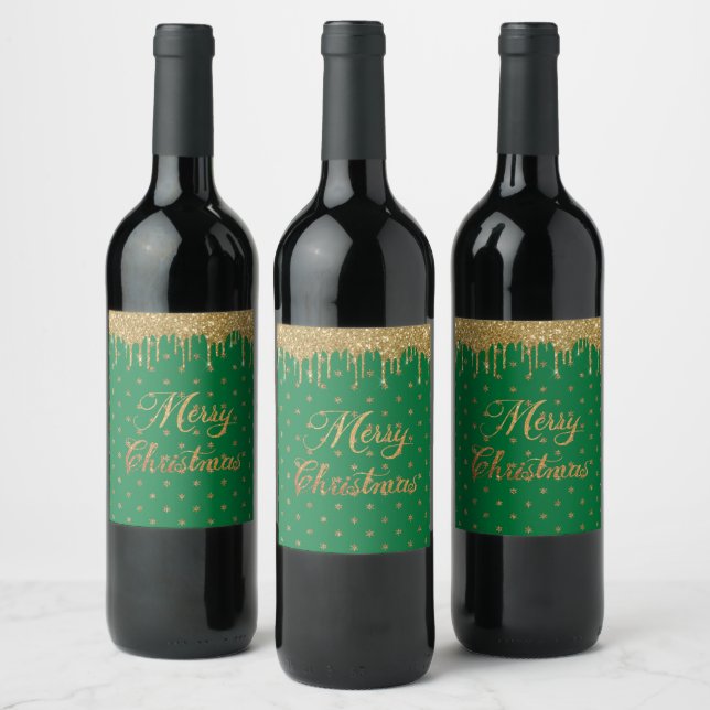 Green and gold glitter - merry christmas  wine label (Bottles)