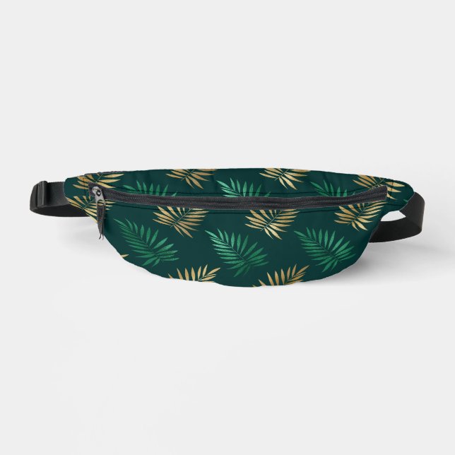 Green and Gold Glitter on Tropical Leaves Fanny Pack (Front)