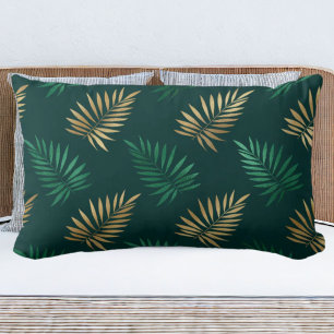 Green and Gold Glitter on Tropical Leaves Lumbar Pillow