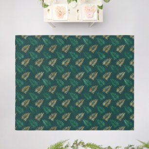 Green and Gold Glitter on Tropical Leaves Outdoor Rug