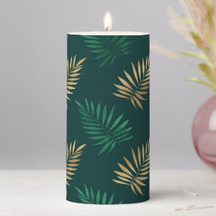 Green and Gold Glitter on Tropical Leaves Pillar Candle