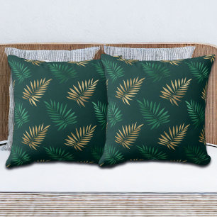 Green and Gold Glitter on Tropical Leaves Throw Pillow