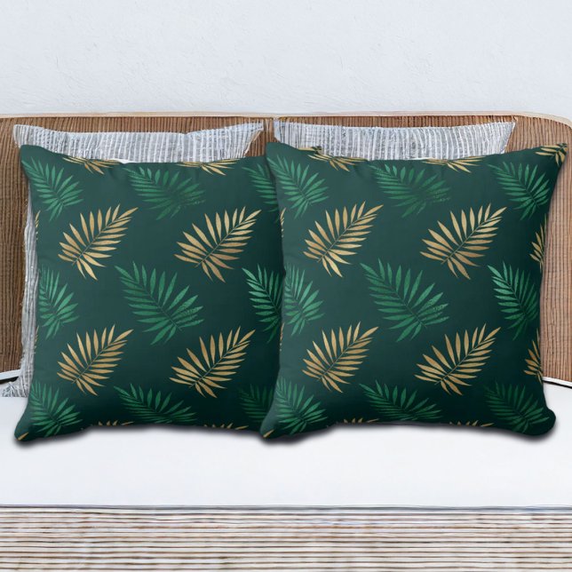 Green and Gold Glitter on Tropical Leaves Throw Pillow (Creator Uploaded)