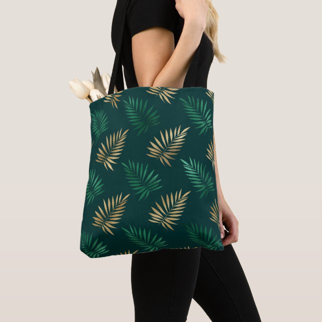 Green and Gold Glitter on Tropical Leaves Tote Bag (Close Up)
