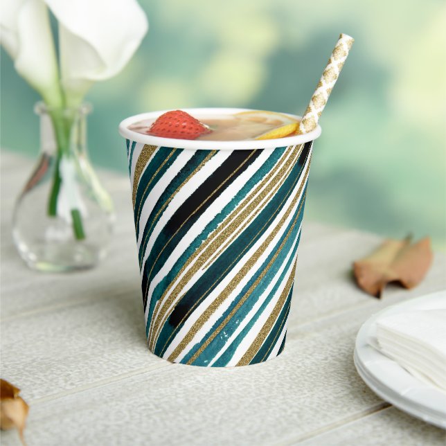 Green and gold glitter stripes  paper cups (Insitu)