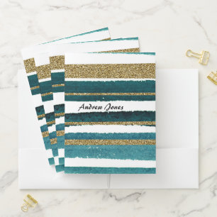 Green and gold glitter stripes personalized pocket folder