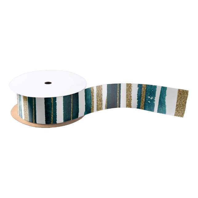 Green and gold glitter stripes  satin ribbon (Spool)