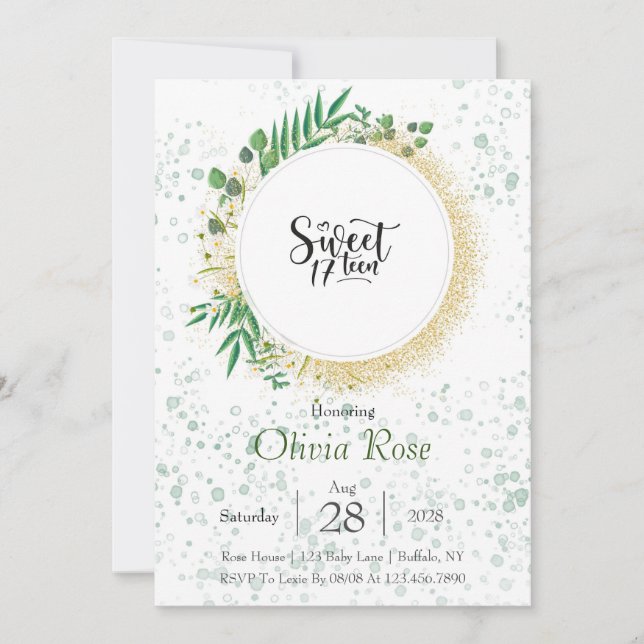Green and Gold Glitter Sweet 17th Birthday Party Invitation (Front)