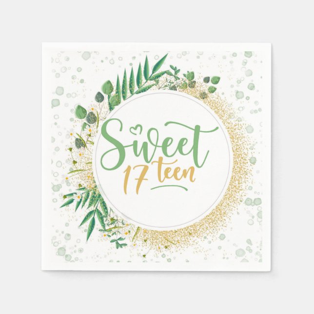 Green and Gold Glitter Sweet 17th Birthday Party Napkins (Front)