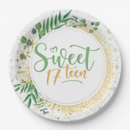 Green and Gold Glitter Sweet 17th Birthday Party Paper Plates