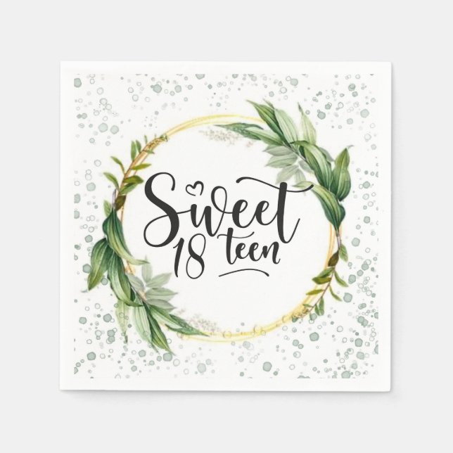 Green and Gold Glitter Sweet 18th Birthday Party Napkins (Front)