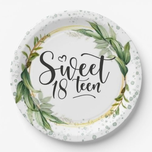 Green and Gold Glitter Sweet 18th Birthday Party Paper Plates