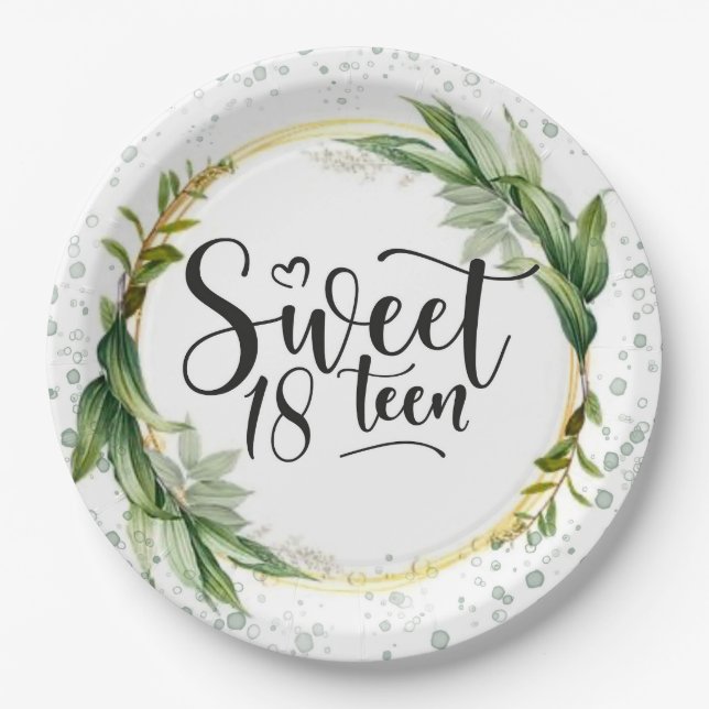 Green and Gold Glitter Sweet 18th Birthday Party Paper Plates (Front)