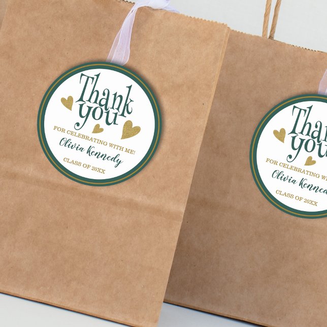Green And Gold Graduation Party Thank You Favor   Classic Round Sticker (Green And Gold Graduation Party Thank You Favor Classic Round Sticker
)