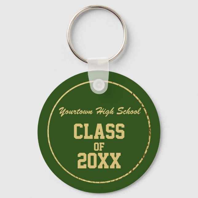 Green and Gold Graduation School and Year Keychain (Front)