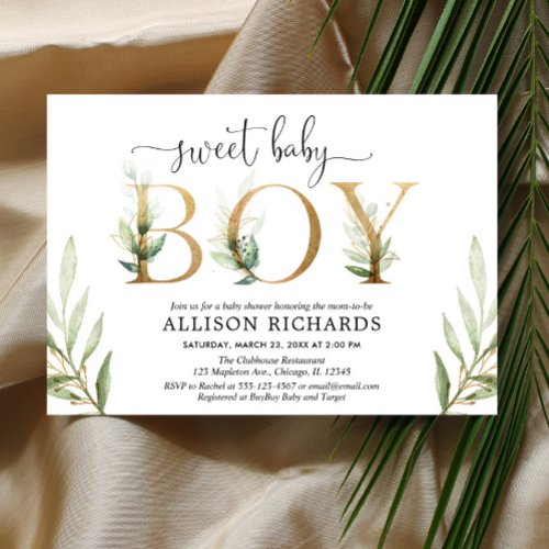 Green and gold greenery modern boy baby shower invitation