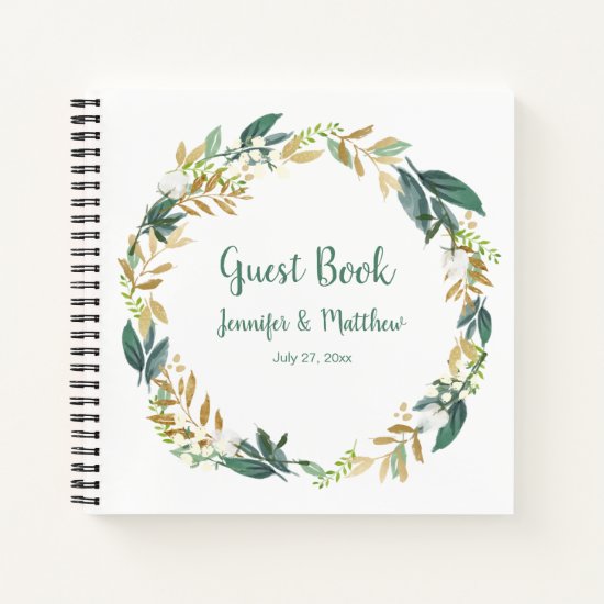 Green and Gold Greenery Wreath Guest Book