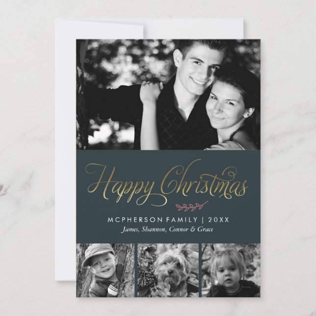 Green and Gold Happy Christmas Photo Holiday Card (Front)