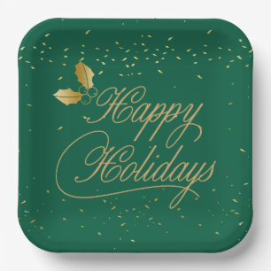 Green and Gold Happy Holidays Entertaining Paper Plates