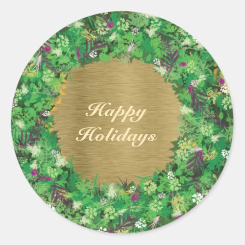 Green and Gold Holiday Wreath Classic Round Sticker