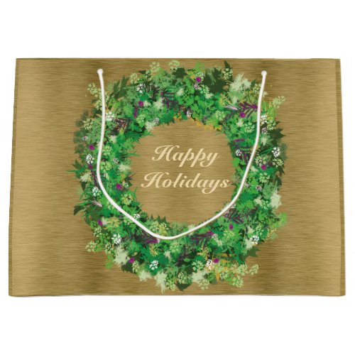 Green and Gold Holiday Wreath Large Gift Bag