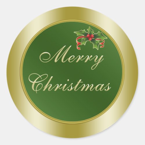 Green and Gold Holly  Merry Christmas Classic Round Sticker