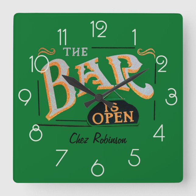 Green and Gold Home Personalized Bar Clock (Front)