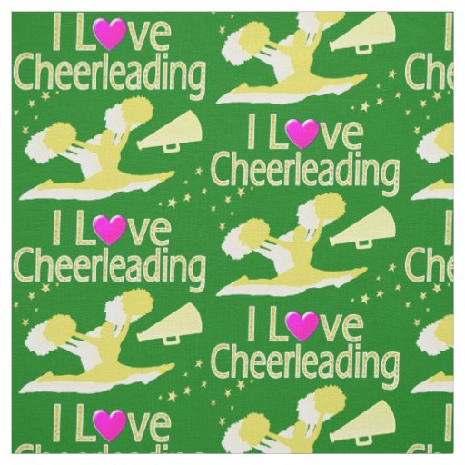 GREEN AND GOLD I LOVE CHEERLEADING FABRIC