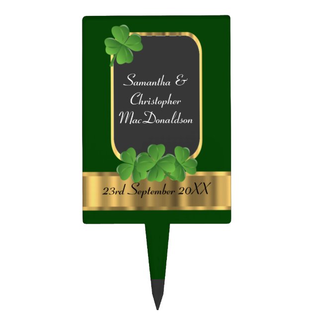 Green and gold Irish shamrock  wedding Cake Topper (Front)