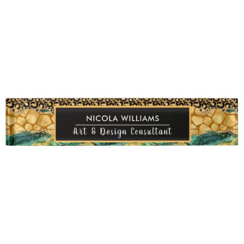 Green and Gold Jungle Safari Animal Print Agate Desk Name Plate