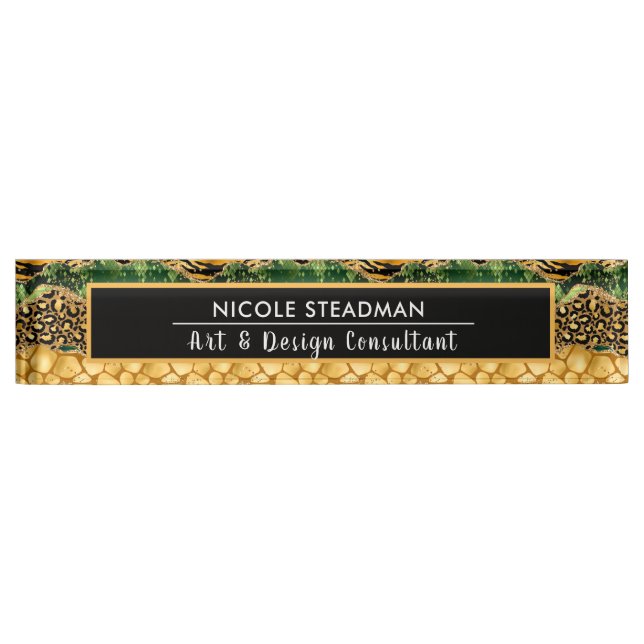 Green and Gold Jungle Safari Animal Print Agate Desk Name Plate (Front)