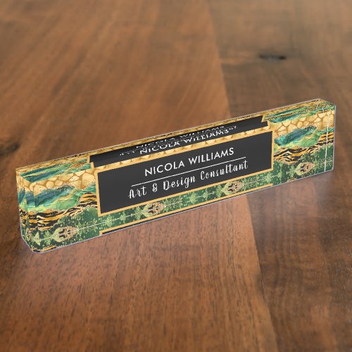 Green and Gold Jungle Safari Animal Print Agate Desk Name Plate