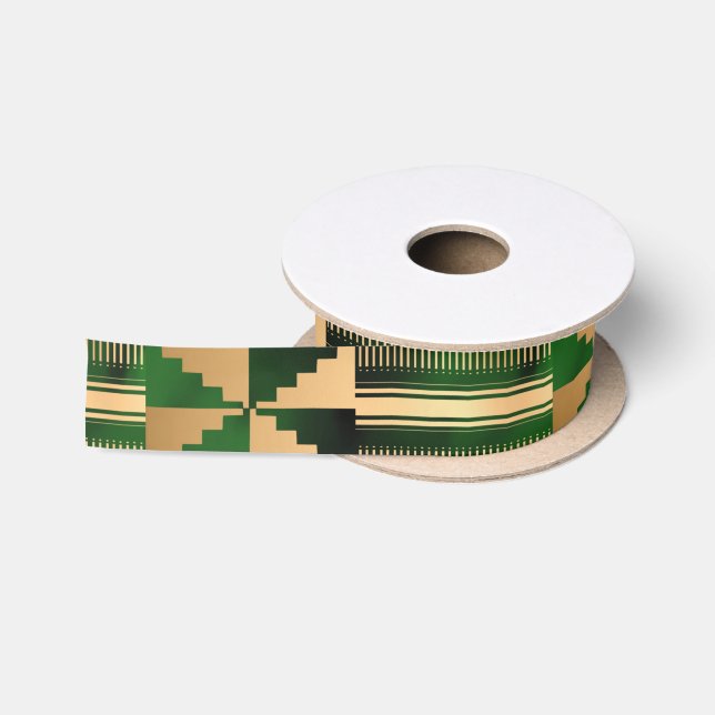 Green and Gold Kente Print ll Satin Ribbon (Spool)