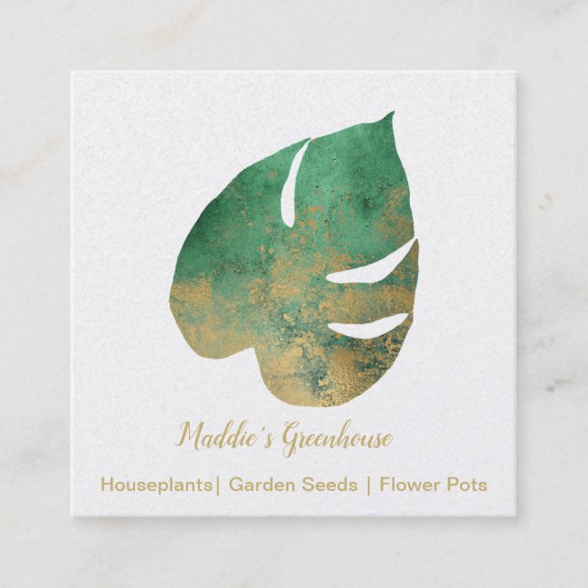 Green and Gold Leaf Square Business Card (Front)
