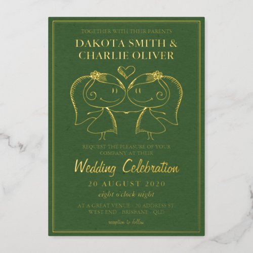 Green and Gold Lesbian Wedding  Foil Invitation