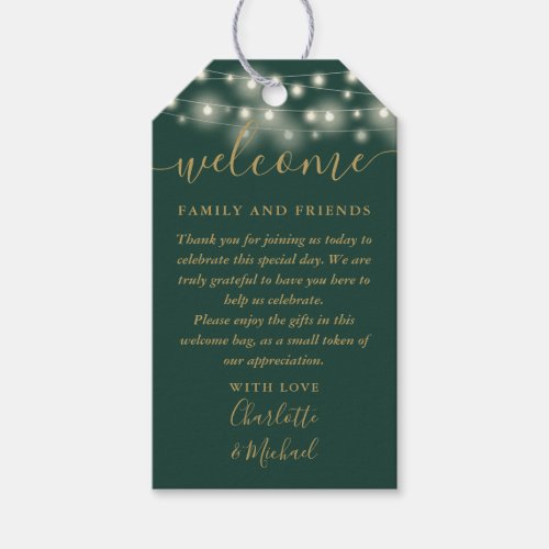 Green And Gold Lights Wedding Favor Welcome Basket Gift Tags
