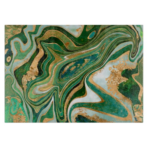 Green and gold liquid abstract marble cutting board