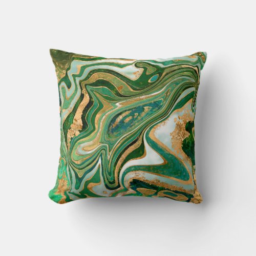 Green and gold liquid abstract marble throw pillow