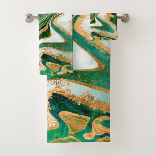 Green and gold liquid marble abstract bath towel set