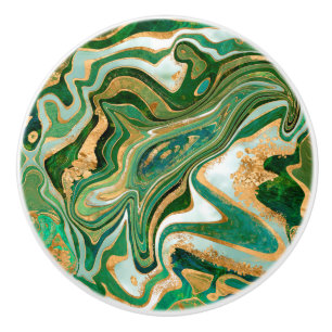 Green and gold liquid marble abstract ceramic knob
