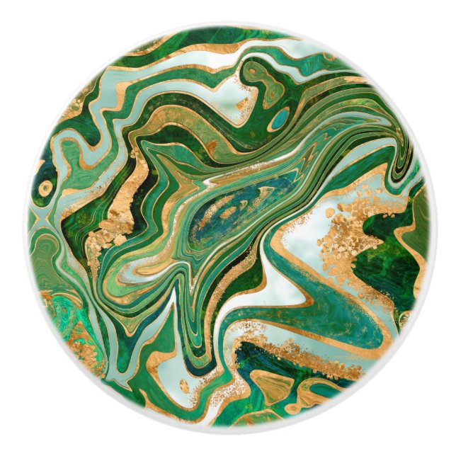 Green and gold liquid marble abstract ceramic knob (Front)