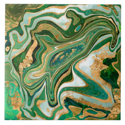 Green and gold liquid marble abstract ceramic tile
