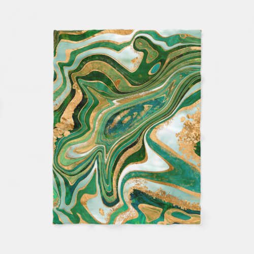 Green and gold liquid marble abstract fleece blanket