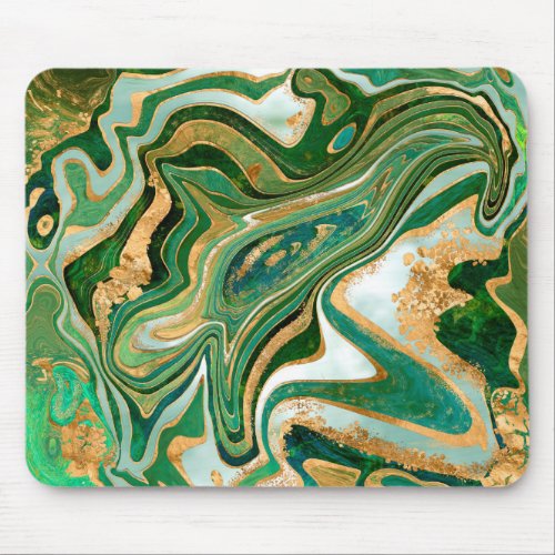 Green and gold liquid marble abstract mouse pad
