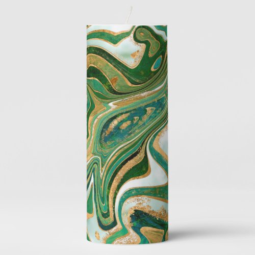 Green and gold liquid marble abstract pillar candle