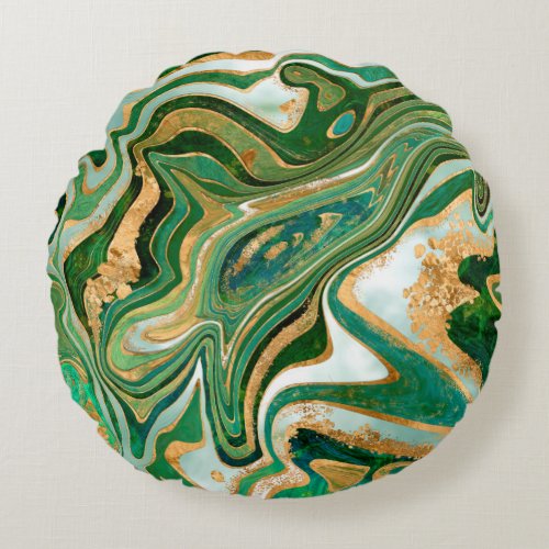 Green and gold liquid marble abstract round pillow